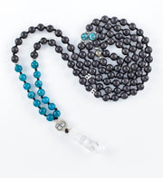 mala beads, mala necklace, black agarwood, blue apatite, pyrite, clear quartz